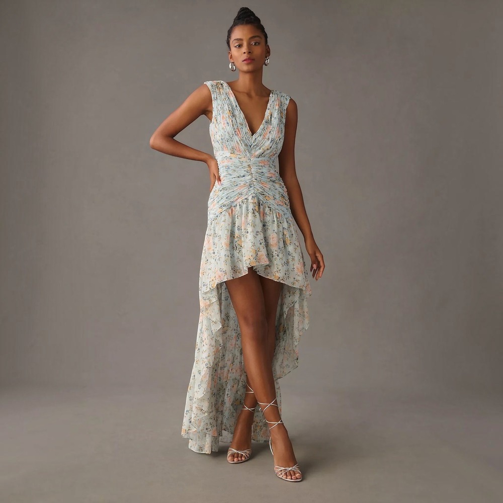 Mac Duggal 55826 Metallic Floral Print Chiffon High-Low Gown Blue Size 2 NWT